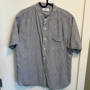 COTTON LINEN STAND COLLAR STRIPED SHORT SLEEVE SHIRT